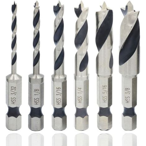 SHINING HOUSE 6 brocas helicoidales profesionales para madera con vástago hexagonal de 1/4", broca rotativa para madera con vástago hexagonal imperial, broca helicoidal con cortador de agujeros en esp (1/5)