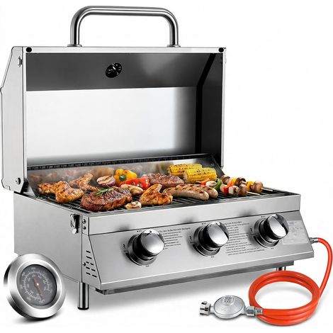 3 Brenner Gasgrill Klein, Edelstahl Tischgasgrill Kompakt mit Grillrost, Thermometer, Camping Gasgrill Tragbarer für BBQ, Balkon, Garten, 6.6kW, 60 x33 cm Grillfläche, 4PCS Füße, Edelstahl (1/5)