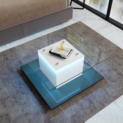 Table basse carrée LED - 80x80x40 cm - Plateau en verre trempé avec roulettes pivotantes et freins - Style moderne - Blanc et noir (1/5)