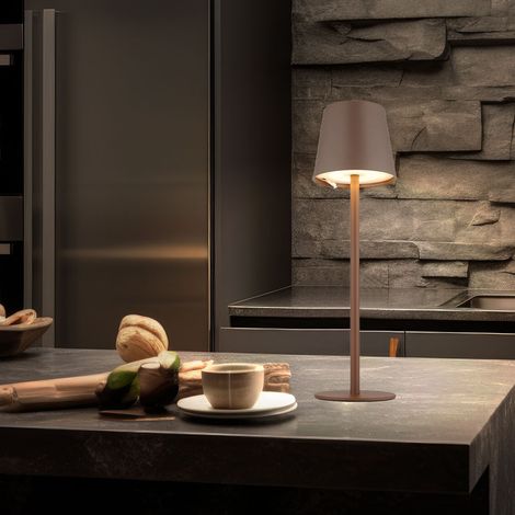 Tischlampe Außenleuchte dimmbar LED Tischleuchte Akku USB Gartenleuchte, Metall Kunststoff braun opal, 3W 130Lm warmweiß, DxH 10,6x36 cm