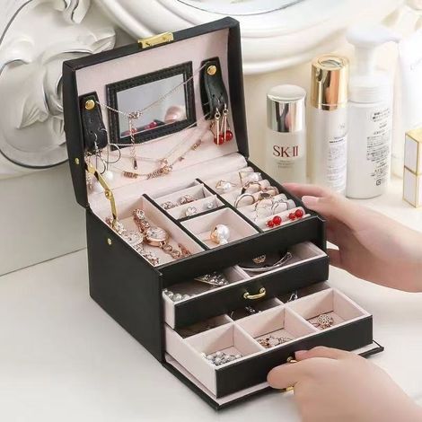 Boîte À Bijoux, Coffret Pour Bijoux Boîte À Maquillage Bijoux Et Cosmétique Beauty Case À 3 Couches En Simili Cuir Avec 2 Tiroirs, Noir (1/5)
