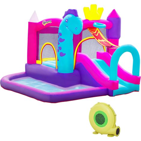 Château Gonflable avec Toboggan, Trampoline, Aire de Jeux Piscine et Panier Jusqu'à 3 Enfants +3 Ans gonfleur et Sac de Transport Souffleur 350W inclus dim. 300L x 270l x 200H cm Multicolore (1/5)
