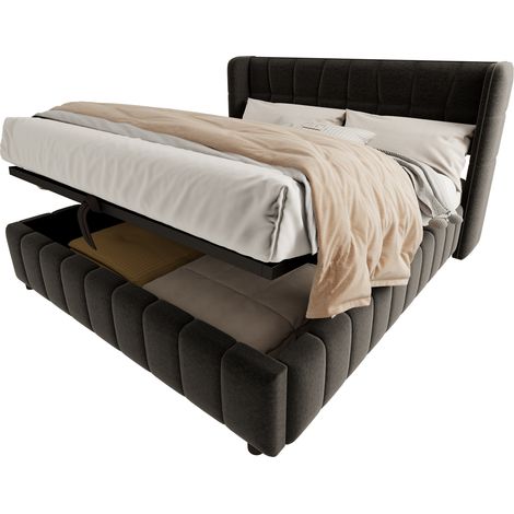 CHICFURN Lit coffre 180 x 200 cm en tissu gris avec cadre métal, sommier à lattes 3 rangées, tête de lit renforcée et grand espace de rangement pour chambre moderne (1/5)