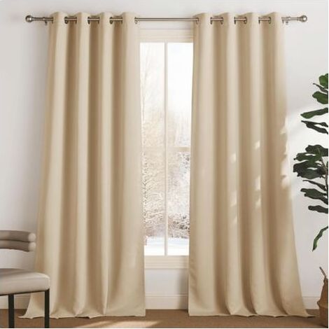 Lot de 2 Rideau Occultant Thermique Isolant Anti Froid et Chaleur 106x160 (lxH) Tenture Opaque à Oeillets Isolation Lumiere Uv Decoration Chambre Maison Salon Intérieurs, Jaune Beige (1/5)