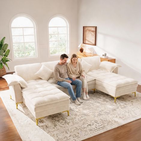 Canapé d'angle en U modulable beige avec 2 chaiselongues (1/5)