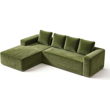 Divano modulare a L con chaise longue a destra, velluto a coste verde, 261 x 171 x 58 cm (1/5)