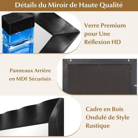 106x71,5 cm Miroir Mural Rustique Grand Format Décoratif Cadre Bois d'Hévéa Noir Fixation Double Sens (1/5)
