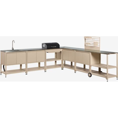 SKLUM Modulare Eck-Außenküche mit 7 Teilen, Spüle, Organizer-Panel und Holzkohlegrill aus Stahl Savona Beige Tapioca (1/5)