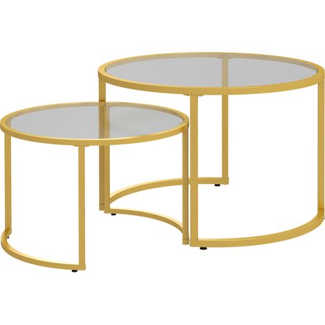 Lot de 2 tables basses gigognes rondes, plateau en verre trempé et pieds en acier carbone doré (1/5)