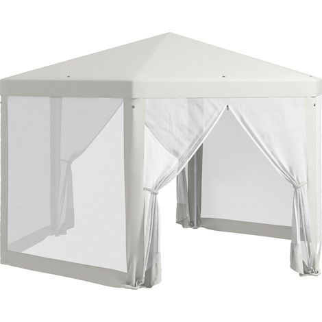 Pavillon de jardin hexagonal 4x4 m en polyester et métal avec moustiquaire, crème (1/5)