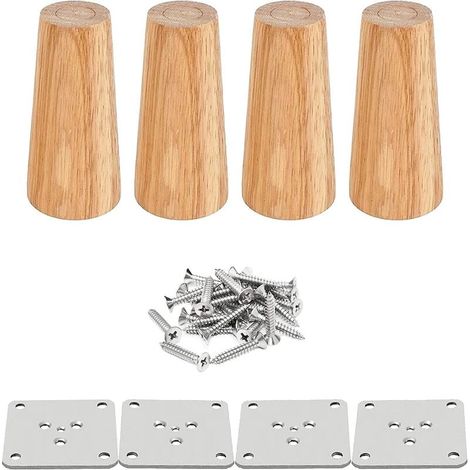 Pieds de table en bois de 12 cm, ensemble de 4 pieds de meubles en bois massif, en forme de cône incliné, pieds de meubles de rechange avec plaques de montage et vis, utilisés pour les canapés-lits, l (1/5)