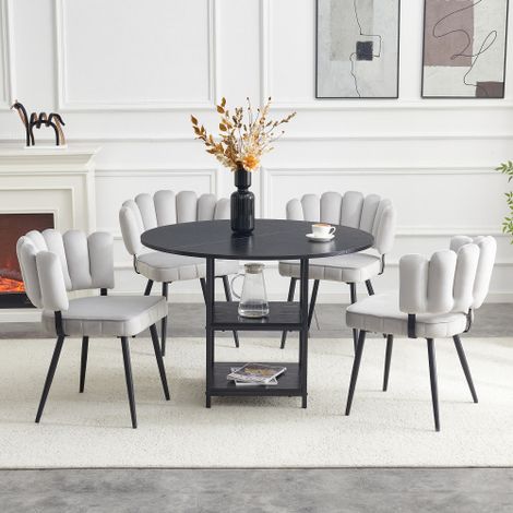 Table et chaise: ronde 107 cm Table à manger avec double niveau de rangement + 4 chaises à manger gris clair avec fauteuil en forme de fleur – Set de style industriel pour petits appartements. (1/4)