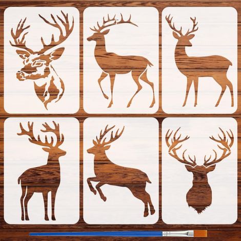 6Pcs Pochoir de Peinture Tête de Cerf Avec Pinceau 21x29.7cm Motif Silhouette de Cerf Modèle de Dessin Thème Animal Bricolage Décoration Pochoir pour Peinture sur Bois Mur Tissu Meubles (1/5)