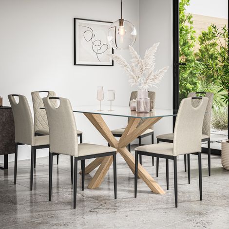 Etta Glass Dining Table And Chairs - Glass Top w Solid Oak Legs + Monza Fabric Dining Chair Set Of 6 (Beige) (1/5)