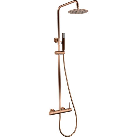 Colonne de douche avec mitigeur inox intégré - Pommeau de douche extra plat - Robinetterie de salle de bain en cuivre - Or Rose Brossé (1/5)