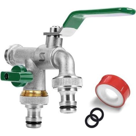 Robinet de jardin, robinet à double sortie 1/2 pouce, en laiton, avec 2 raccords de tuyau libres, 1x ruban d'étanchéité à rouleau, double raccord et embout de tuyau pour (vert)dengyank (1/5)
