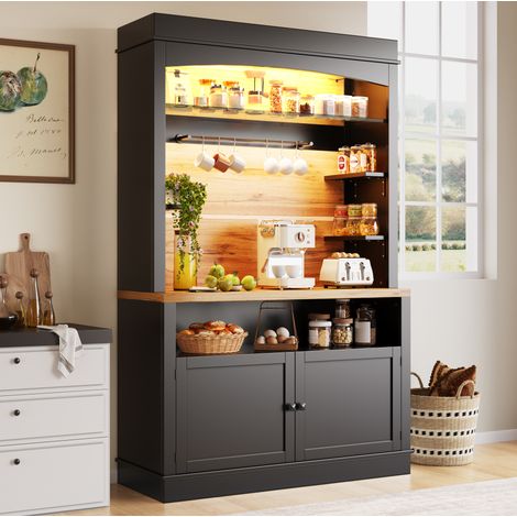 MEUBLIV Buffet haut de cuisine noir 107x43x184 cm – LED, rangement ouvert et fermé (1/5)