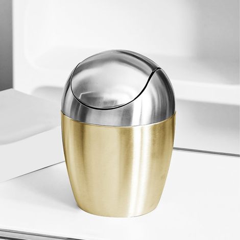 Mini poubelle de bureau en acier inoxydable 304 avec couvercle, petite poubelle de rangement dorée avec couvercle, corbeille à papier pour chambre (1/5)