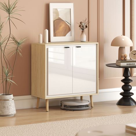 Hochglanz-Sideboard, Aufbewahrungsmöbel mit Doppeltüren, verstellbarem Einlegeboden, 72 x 35 x 77 cm, weiß und eiche