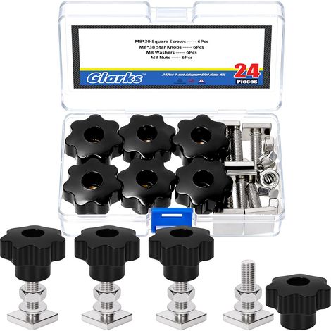 6 ensembles M8 x 30mm boulon à tête carrée avec boutons étoiles, écrou et rondelles Kit, boulons de toit en acier inoxydable entièrement fileté, Kit de vis de machine carrée pour machines (1/5)