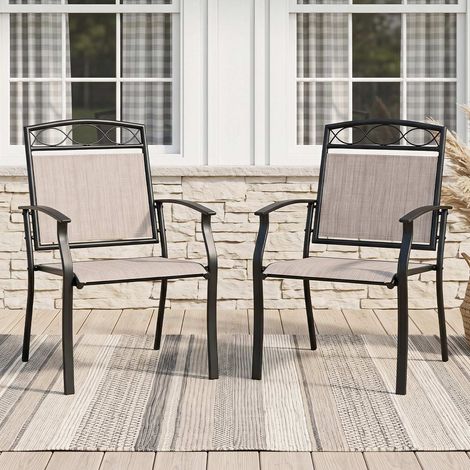 Lot de 2 chaises de jardin marron en métal et tissu respirant avec dossier inclinable et accoudoirs pour terrasse, balcon et jardin (1/5)