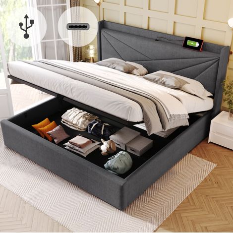 Lit double rembourré 160x200 cm gris avec coffre, tête de lit géométrique, USB-C et sommier à lattes (1/5)