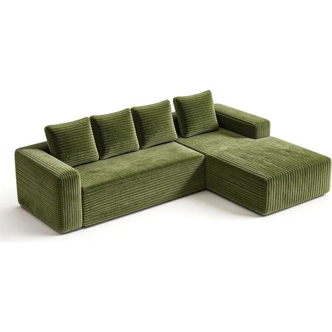 Divano modulare angolare a L verde in velluto a coste, chaise longue sinistra, 4 posti, MODENUIT (1/5)