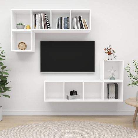 Set mobili porta TV da parete in legno multistrato, armadietti HiFi, bianco, 4 pezzi - PANGIVO (1/5)