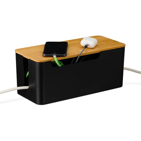 Organizador de cables con tapa de bambú, color negro