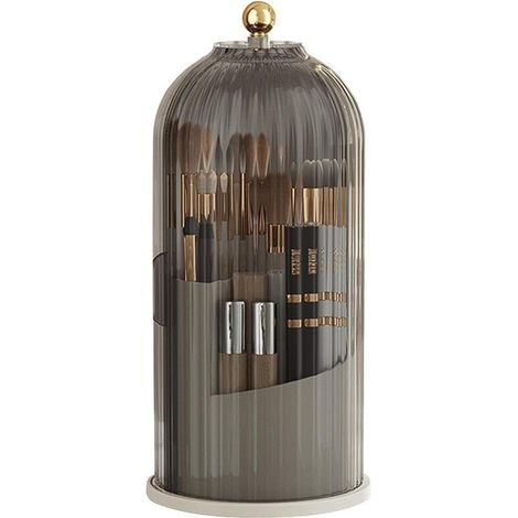 Organisateur Maquillage Rotatif 360° Anti-poussière avec Couvercle – Support Brosse Transparent pour Coiffeuse Salle de Bain Chambre (Gris)-DOU