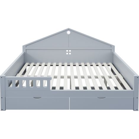 Cama individual 140x200 cm gris con LED, 2 cajones y somier de láminas (1/5)