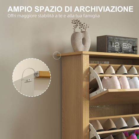 Scarpiera fine 18 paires, 3 tiroirs + 2 tablettes réglables et amovibles, 72x26x112 cm, couleur bois naturel (1/5)