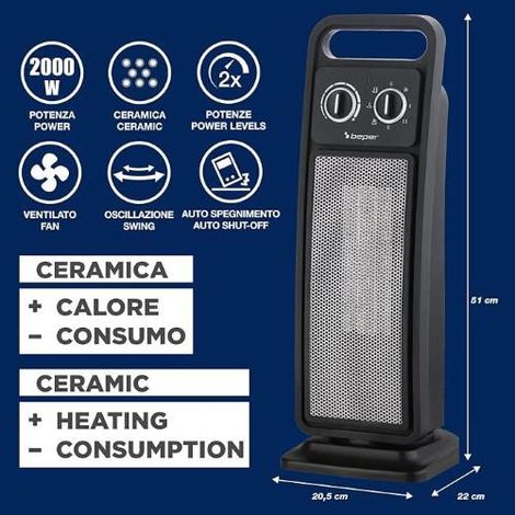 Calentador de torre cerámico BEPER P203TER002, calentador eléctrico de 2000 W con oscilación automática y termostato regulable