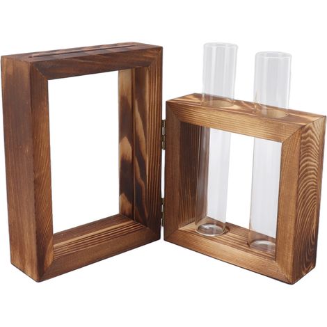 Support en bois pour la multiplication des plantes, avec 2 tubes à essai en verre, cadre en bois, vase pour tubes à essai hydroponiques en verre, pot de fleurs, décoration de table pour la plantation (1/5)