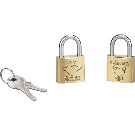 Set di 2 lucchetti Love, ottone, interno, arco in acciaio, 30mm, angelo/demone, 2 chiavi per lucchetto - THIRARD (1/2)