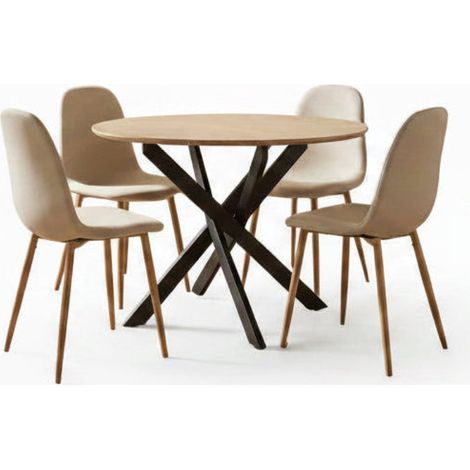 Ensemble table ronde chêne 100 cm + 4 chaises tissu beige JESSICA (1/5)