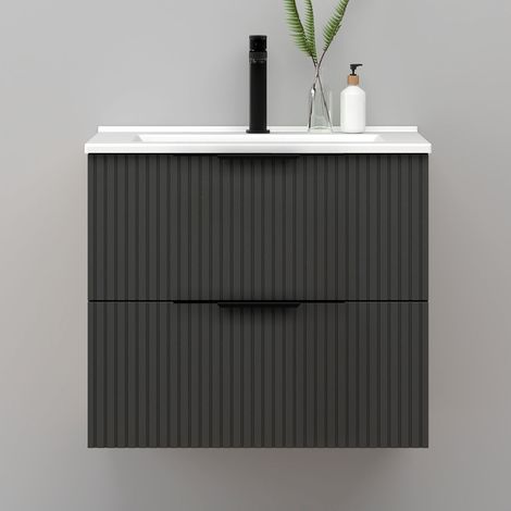Meuble de salle de bain suspendu Strié 60cm avec poignées + simple vasque + 2 tiroirs, Anthracite