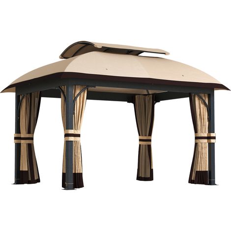 Pavillon de jardin, tente de jardin de 3,3 x 4 m avec rideaux en filet, toit à deux niveaux, revêtement en similicuir, structure métallique, kaki (1/5)