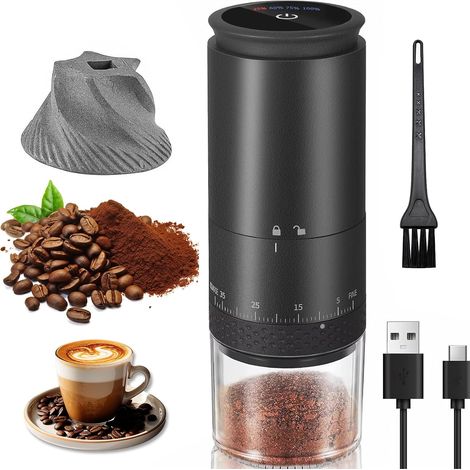 Moulin à Café Électrique Portable, Moulin à Grains de Café avec Meule Conique en Céramique, 38 Réglages de Mouture et Affichage LED, Rechargeable USB pour Voyage, Camping et Bureau (noir, L) (1/5)