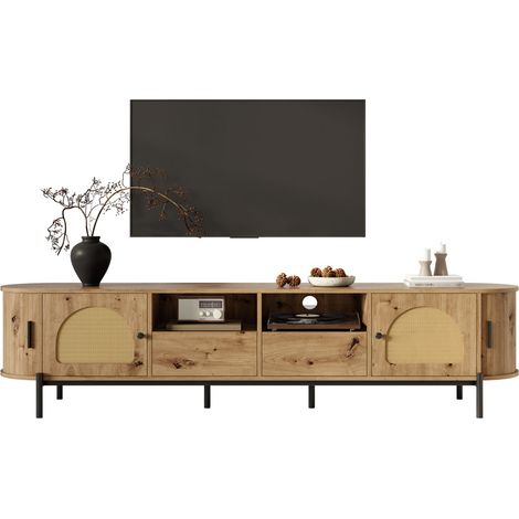 Meuble TV ovale rotin aspect bois portes coulissantes tiroirs pieds métal rangement salon 200x40x49,5cm - Naturel (1/5)