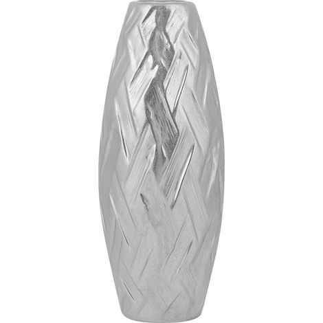 Beliani – Vase décoratif cylindrique en grès argenté 33 cm – Motif chevron moderne – Pour décoration intérieure (1/5)