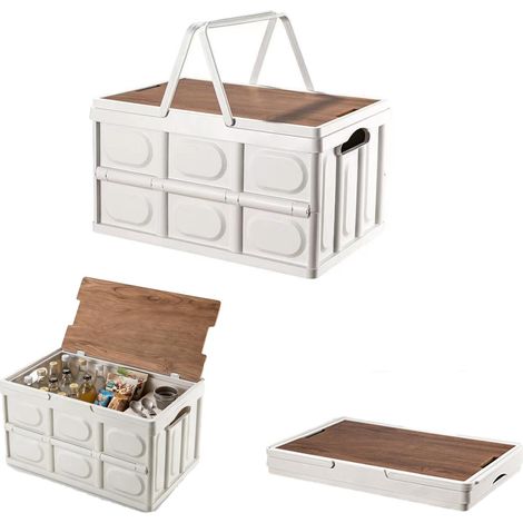 Boîte pliante de 30 l avec couvercle en bois et poignée - 42 x 28,5 x 23,5 cm - Pliable et stable - En plastique - Pour camping, (1/5)