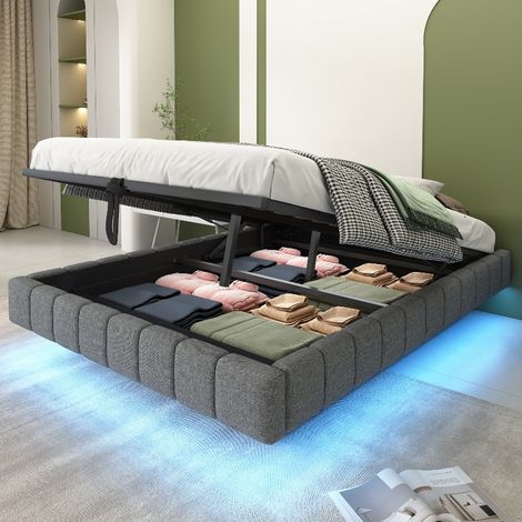 Polsterbett 140x200 cm Schwebebett mit Stauraum und LED-Beleuchtung, Bett ohne Kopfteil mit hydraulischem Bettkasten, Leinen Grau (1/5)