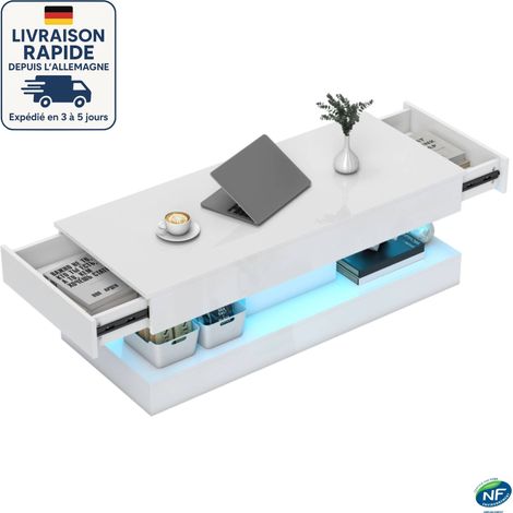 MODFU - Mesa de centro LED blanca con espacio de almacenamiento, 2 cajones, mesita de noche, ideal para salón y dormitorio, 120 × 50 × 42 cm (1/5)