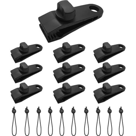 Lot de 10 clips de bâche + 10 cordes noires avec boule - Pinces solides réglables - Dents antidérapantes - Idéal pour les tentes, les auvents, les voiles d'ombrage et les housses de jardin (1/5)