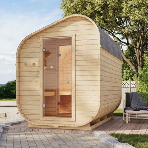 Sauna extérieur tonneau 4 places en épicéa – Poêle 9 kW – Dimensions 199x355cm – Hauteur 249cm – Bancs en bois de tremble – Karibu