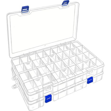 Lot de 2 Boite Rangement Plastique, 34 Compartiments, Séparateurs Réglables, Transparente, PP, pour Perles, Bijoux, Bricolage