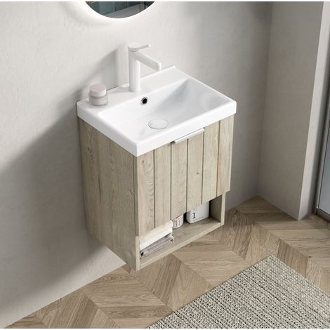 Mueble de baño con lavabo cerámico, armario con puertas y estante abierto, blanco roto (1/5)