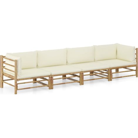 4-tlg. Garten-Lounge-Set mit Cremeweißen Kissen Bambus