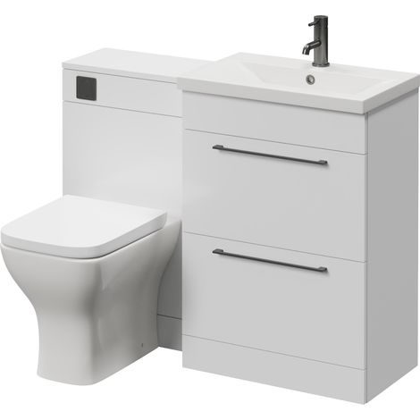 Napoli 390 Gloss White 1100mm 2 Drawer Vanity Unit Toilet Suite with Glide Basin - 1100mm - Gunmetal Grey 320mm HandleWith Kingston Toilet Pan and Seat